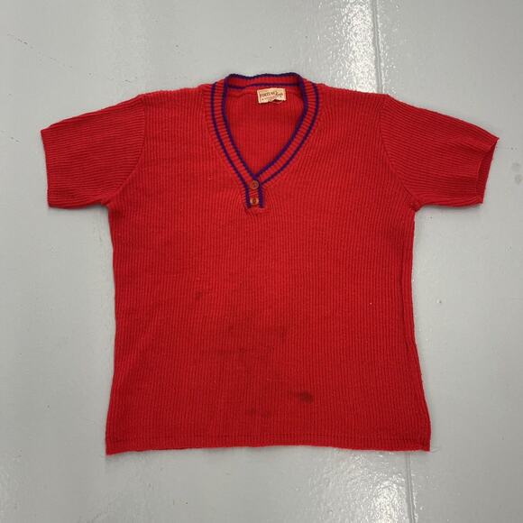 Vintage 60s Fortune Knits Red Short Sleeve Cotton Sweater - Picture 1 of 4